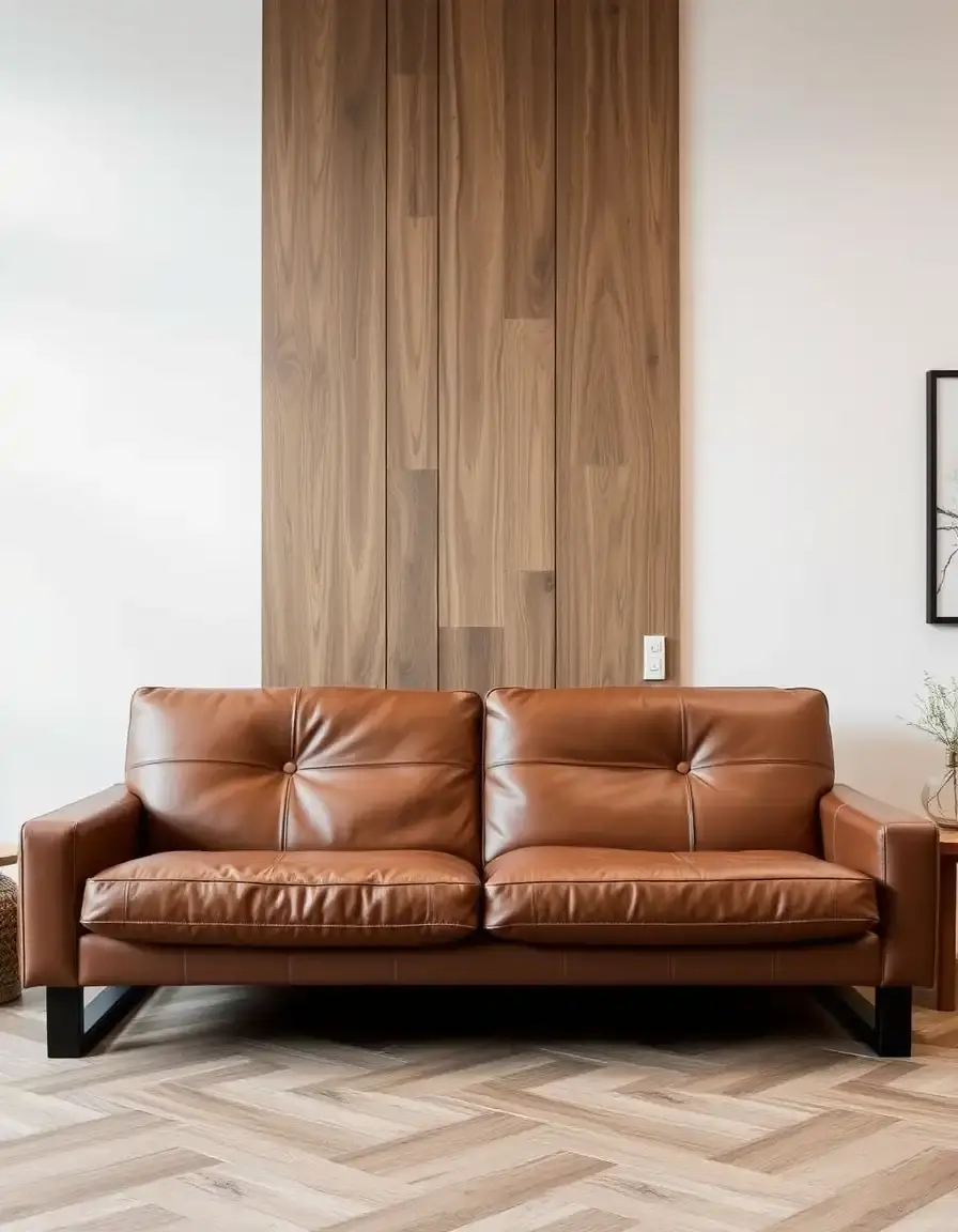 Modern brown leather futon with arms