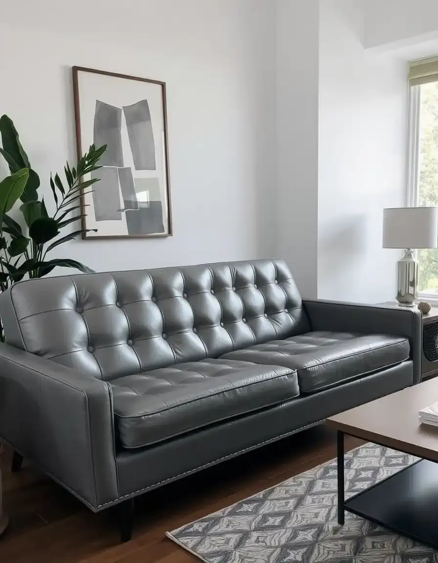Tufted leather futon in gray