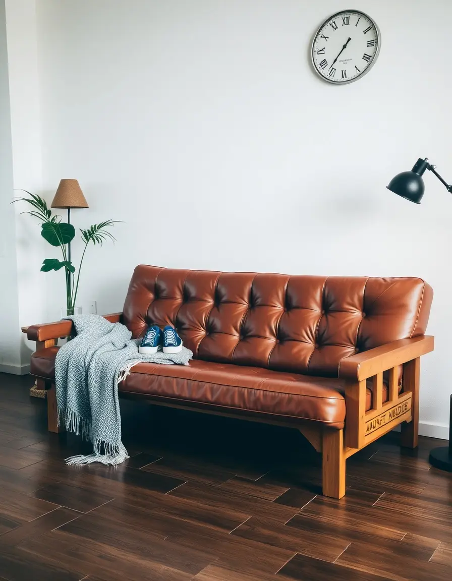 Vintage style leather futon brown
