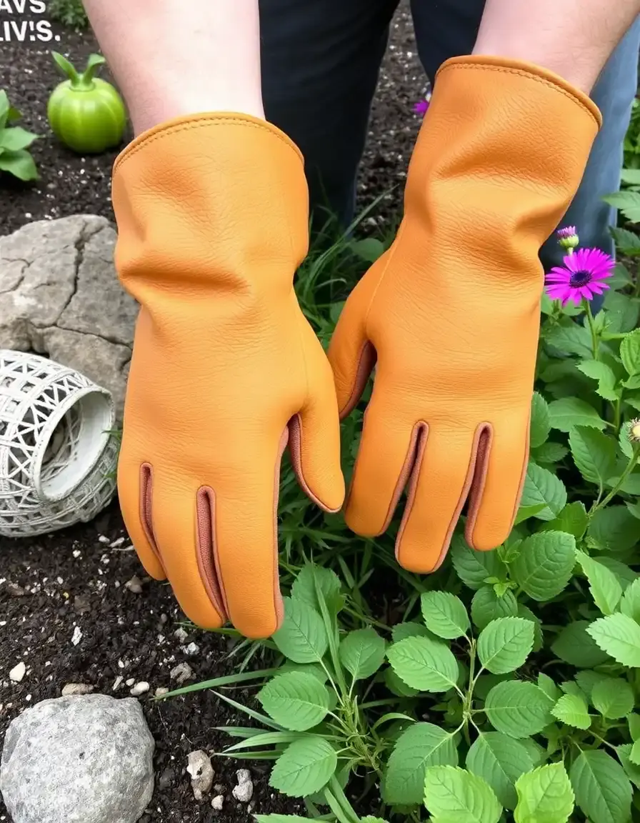 Durable tan leather gardening gloves for heavy outdoor work