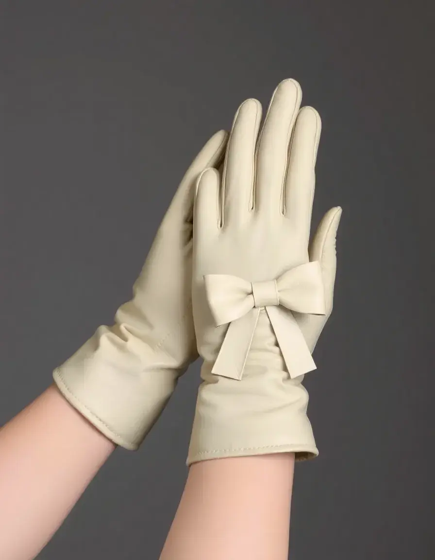 Designer style leather gloves with delicate bow detail