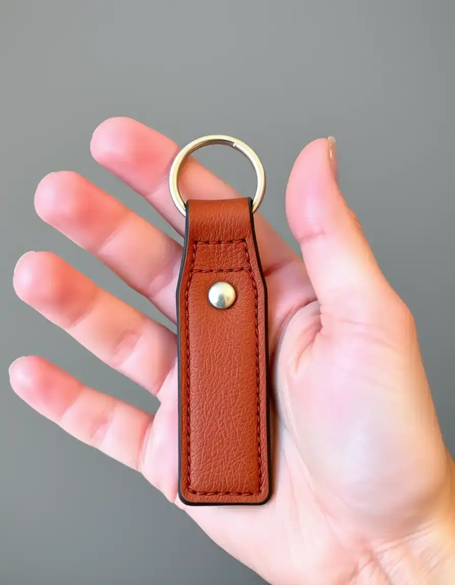 Simple leather keychain with metal ring on a neutral background