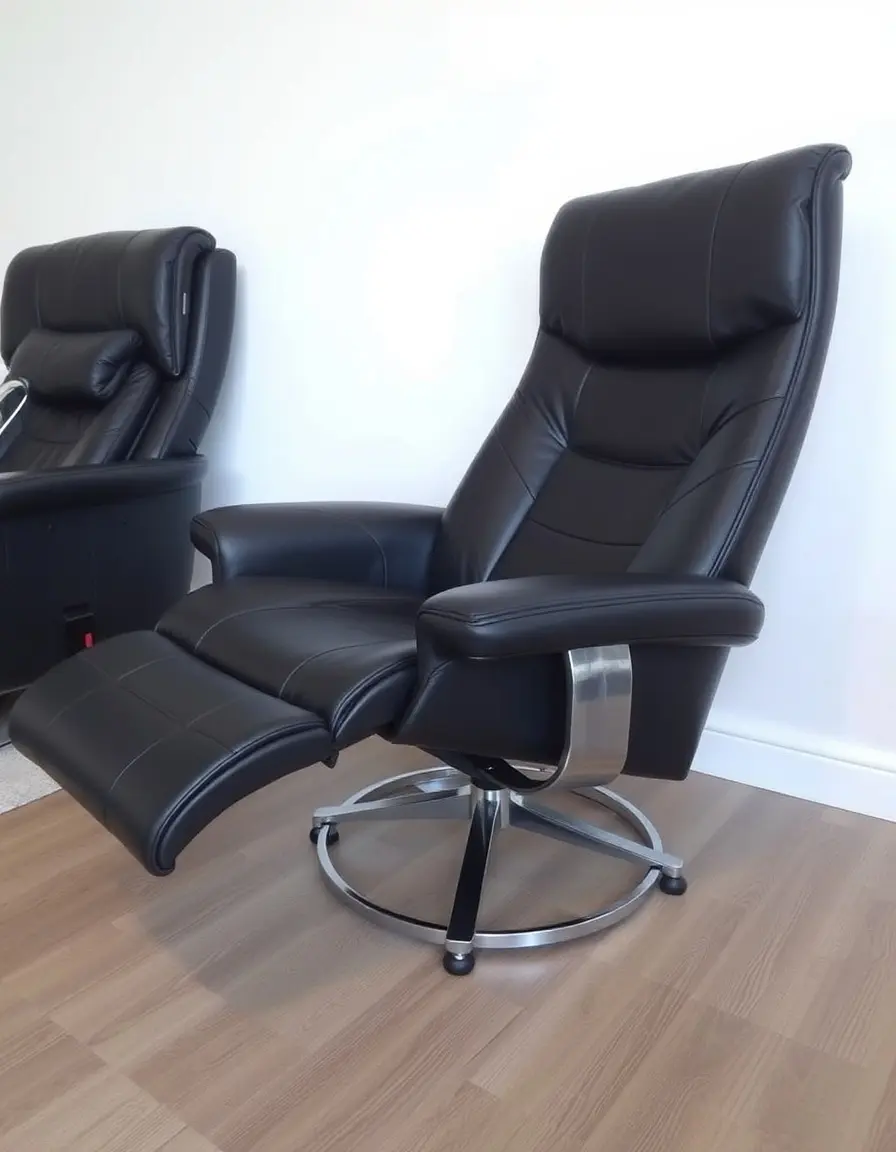 Black leather recliner chair with footrest