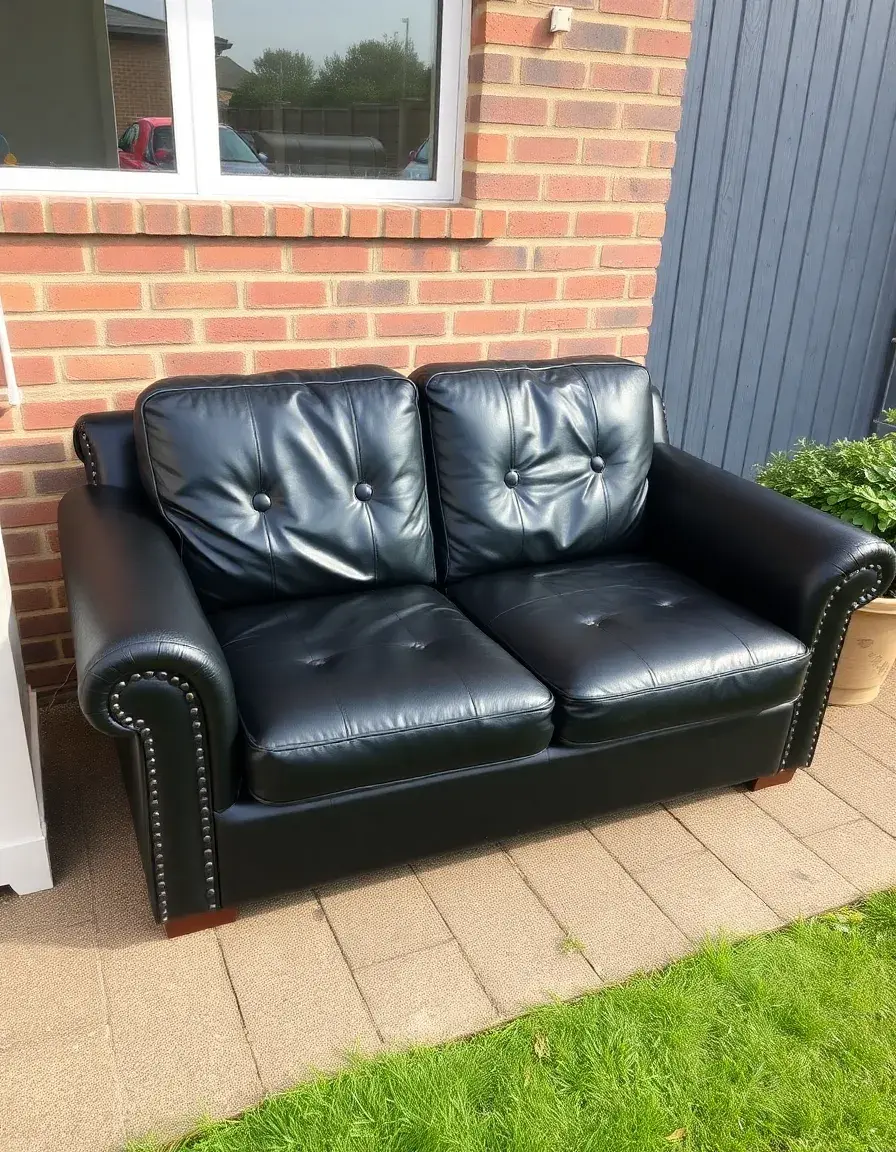 Black leather love seat two-seater in a modern apartment