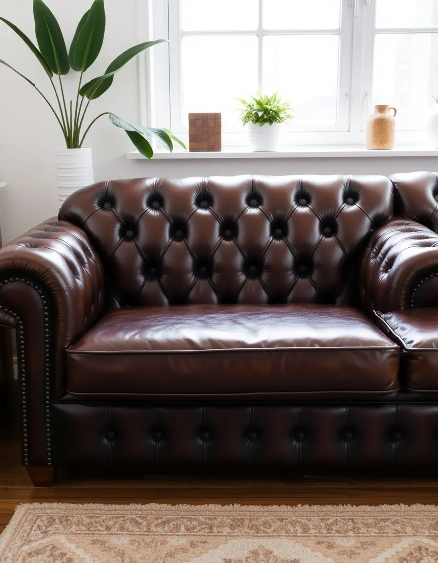 Tufted brown leather love seat with classic buttoning