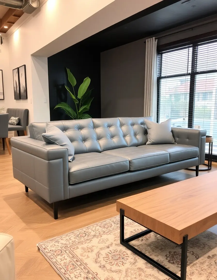 Modern gray leather love seat in a minimalist living room
