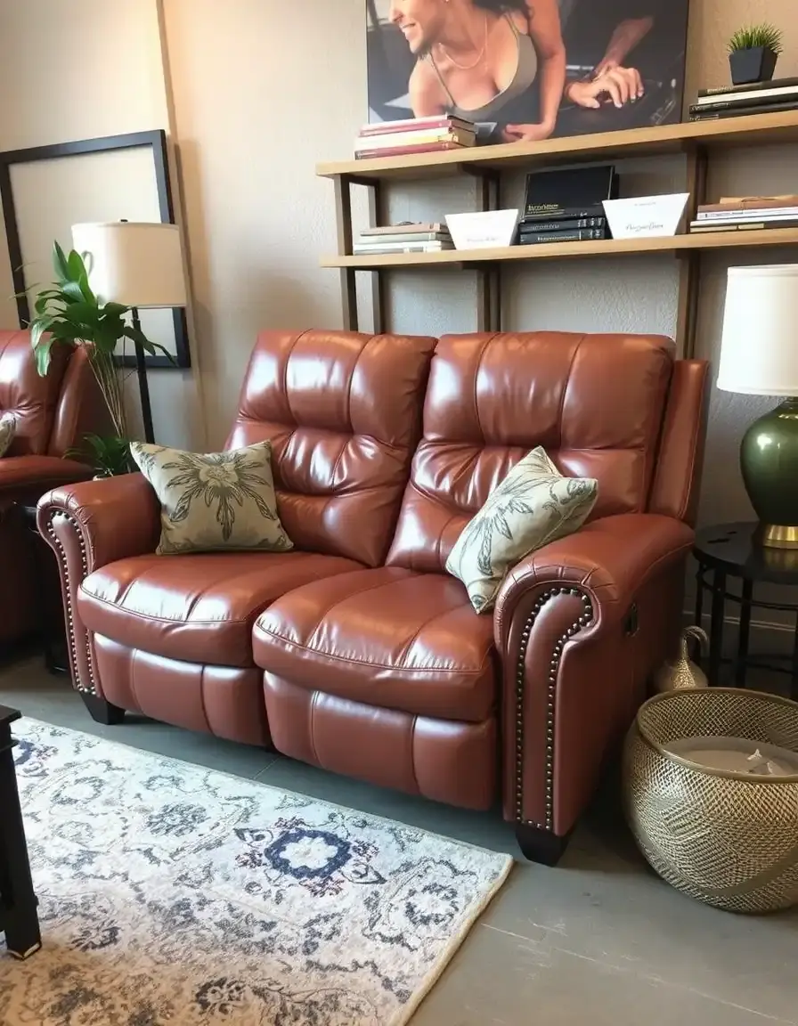 Reclining leather love seat in warm tan tones