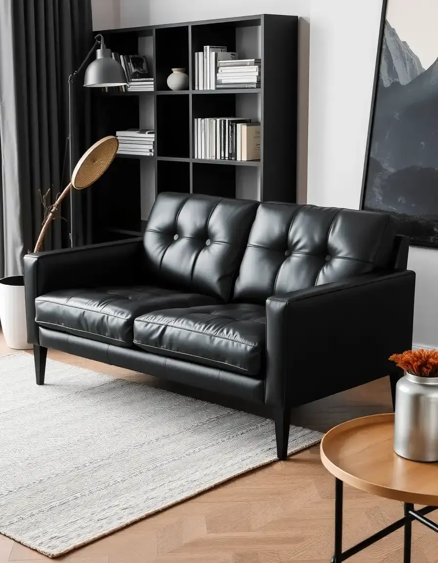 Minimalist black leather love seat for small offices