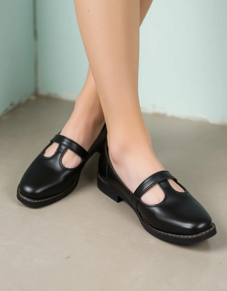 Black leather mary jane flats for women