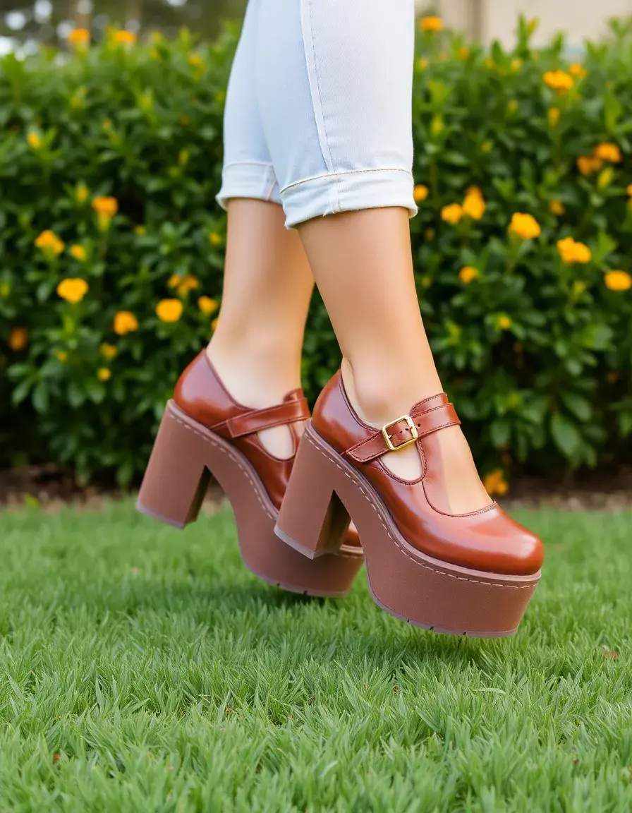 Platform brown leather mary janes