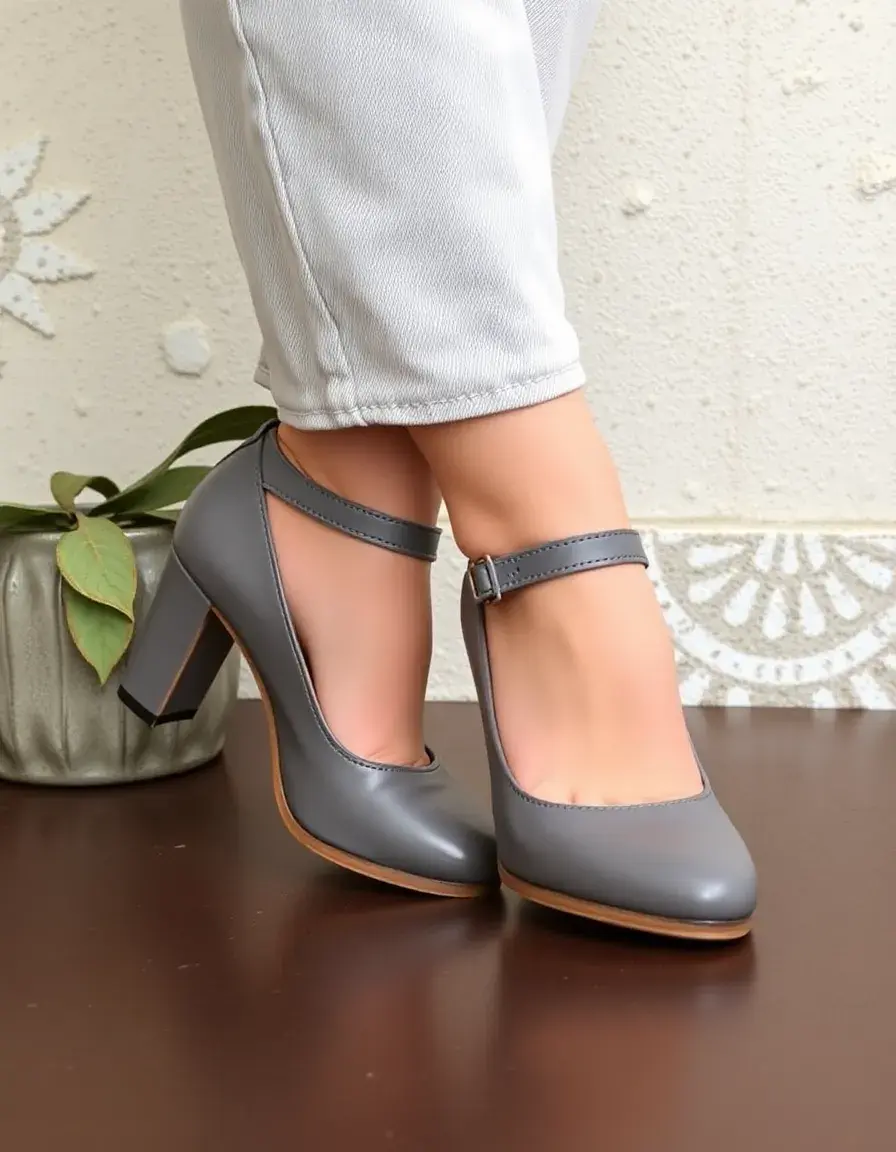 Heeled leather mary janes gray