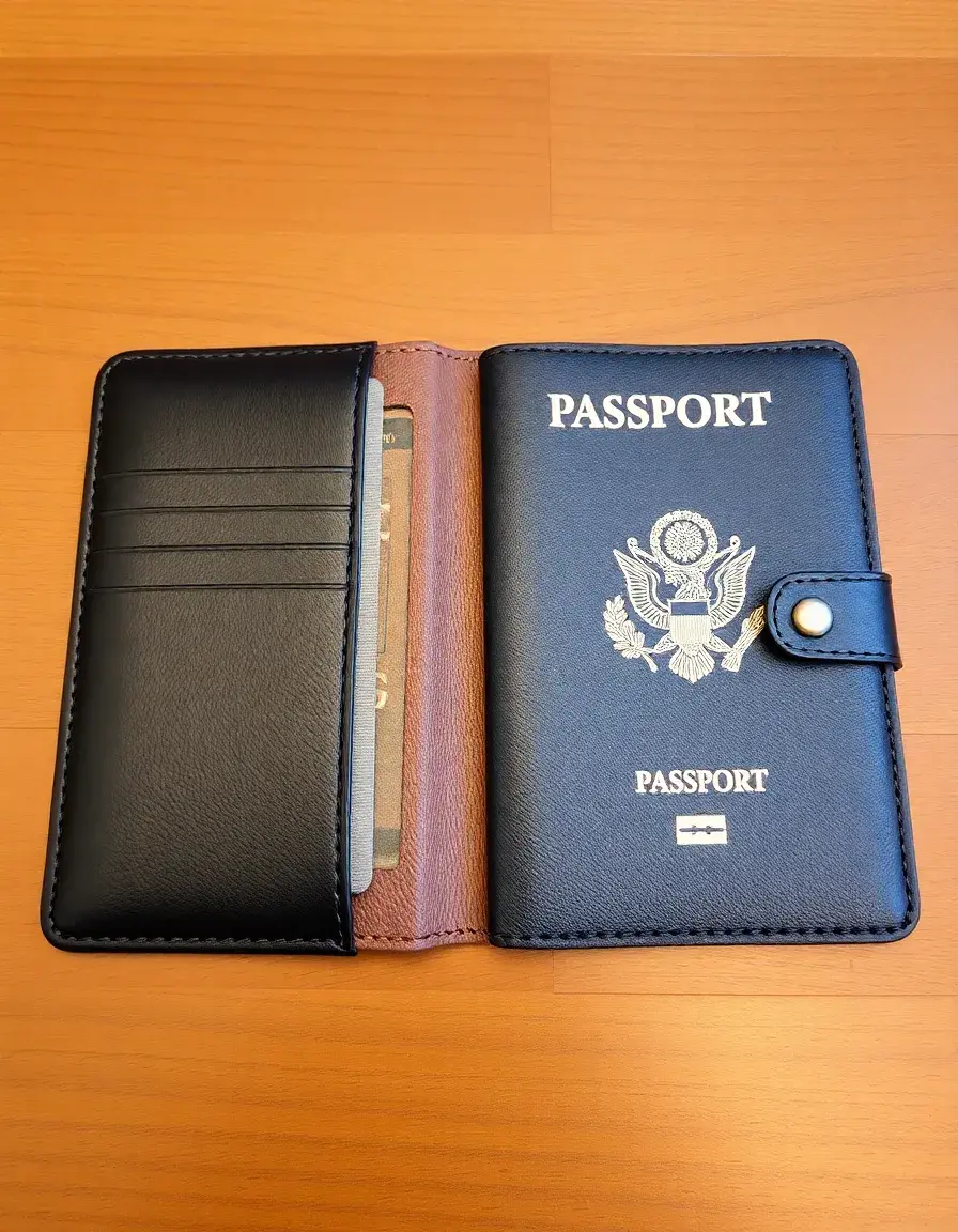 Black leather passport holder with slots