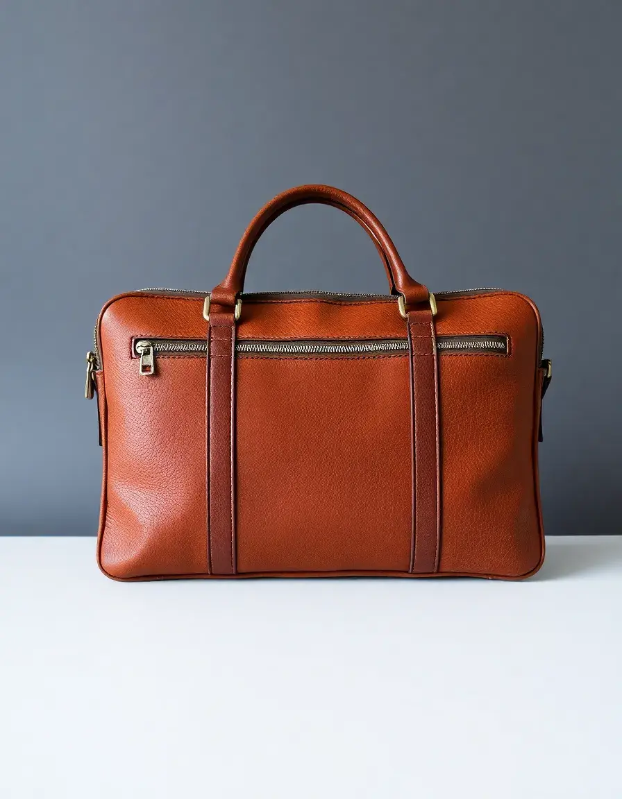 Zippered brown leather portfolio with sturdy handles