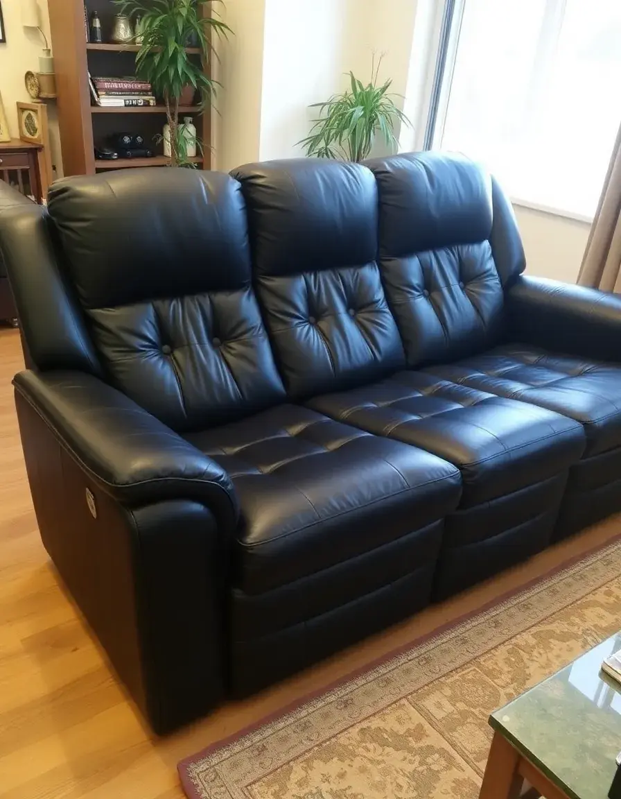 Three-seater black leather recliner couch in a modern living room