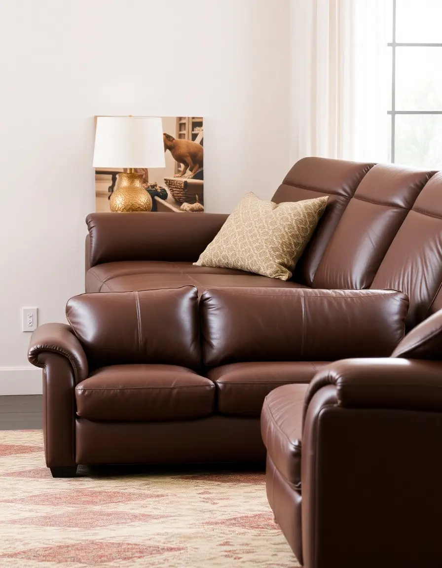 Sectional brown leather recliner couch with multiple reclining seats