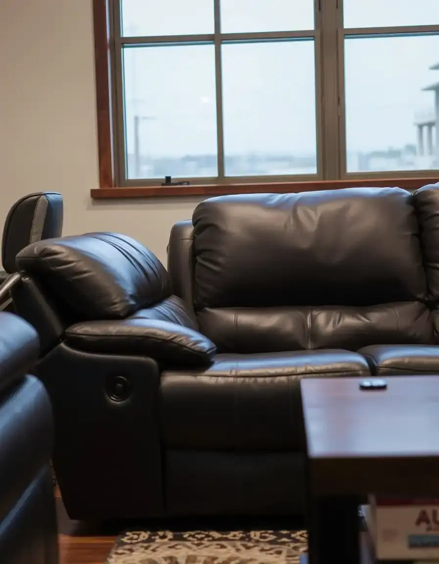 Power reclining gray leather couch with sleek modern lines