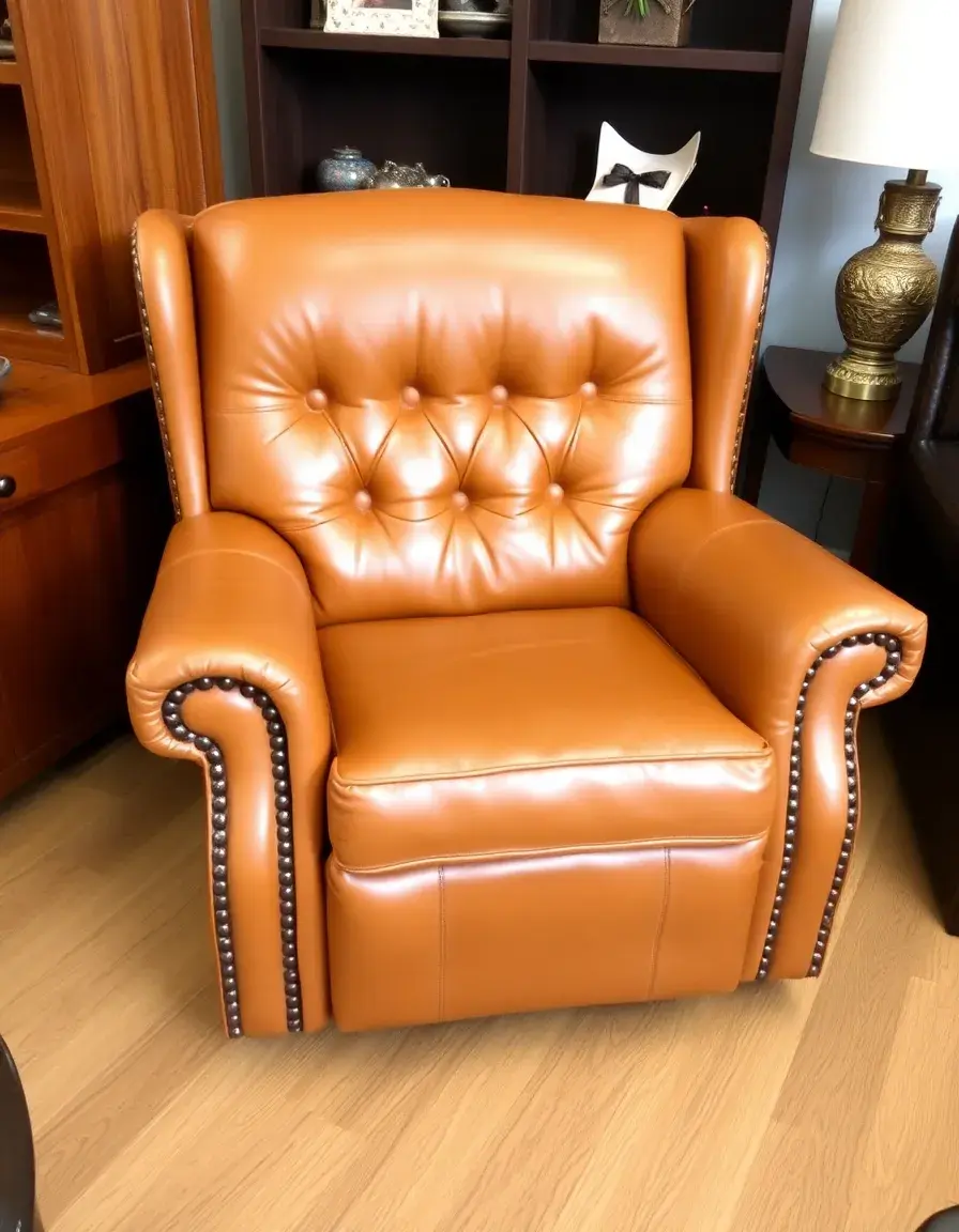 Tufted tan leather recliner couch with classic button detailing