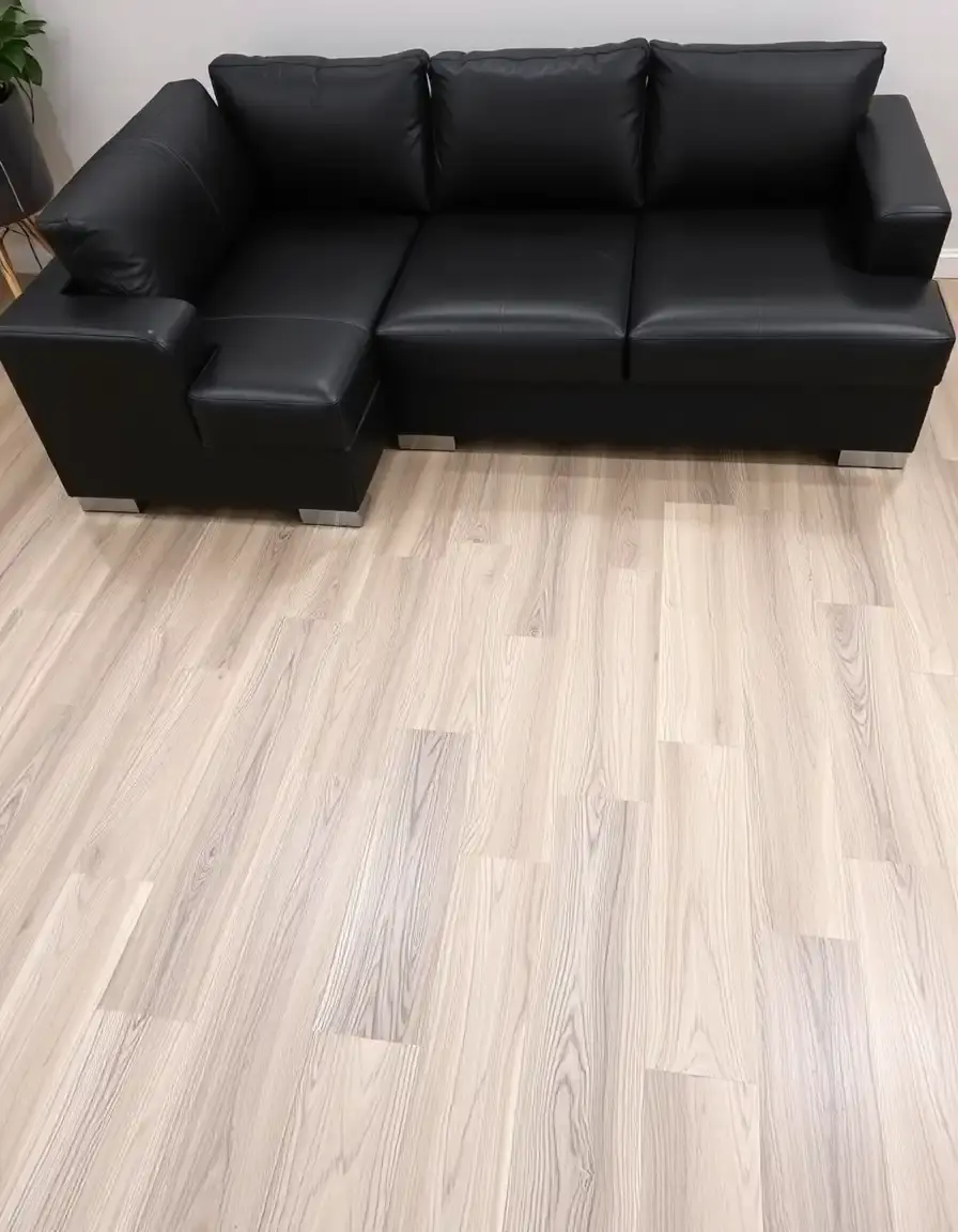 L-shaped black leather sectional sofa in a modern living room