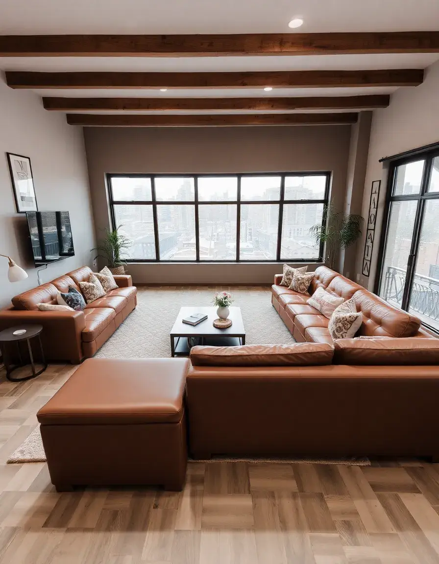 Large U-shaped brown leather sectional for family rooms