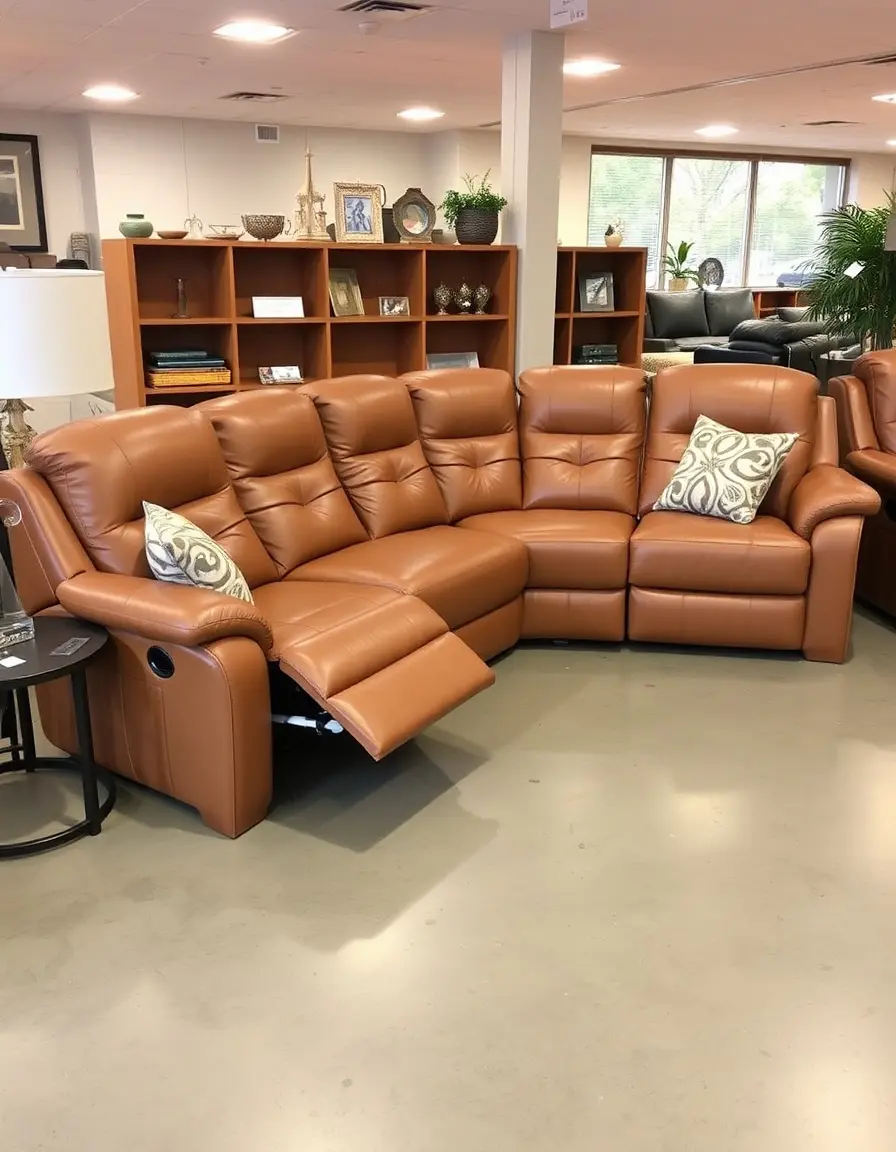 Reclining tan leather sectional for home theater