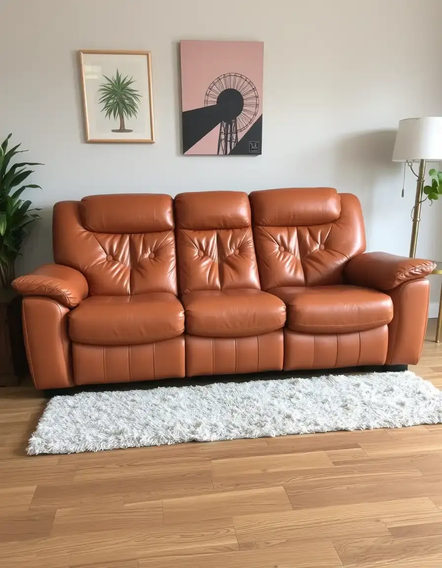 Power reclining tan leather settee