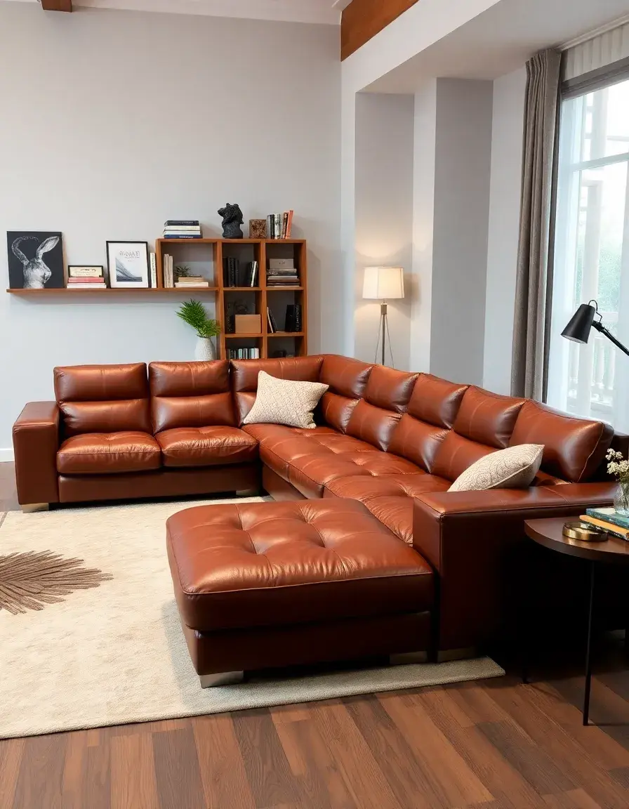 Large modular leather sectional sofa in brown, living room setting