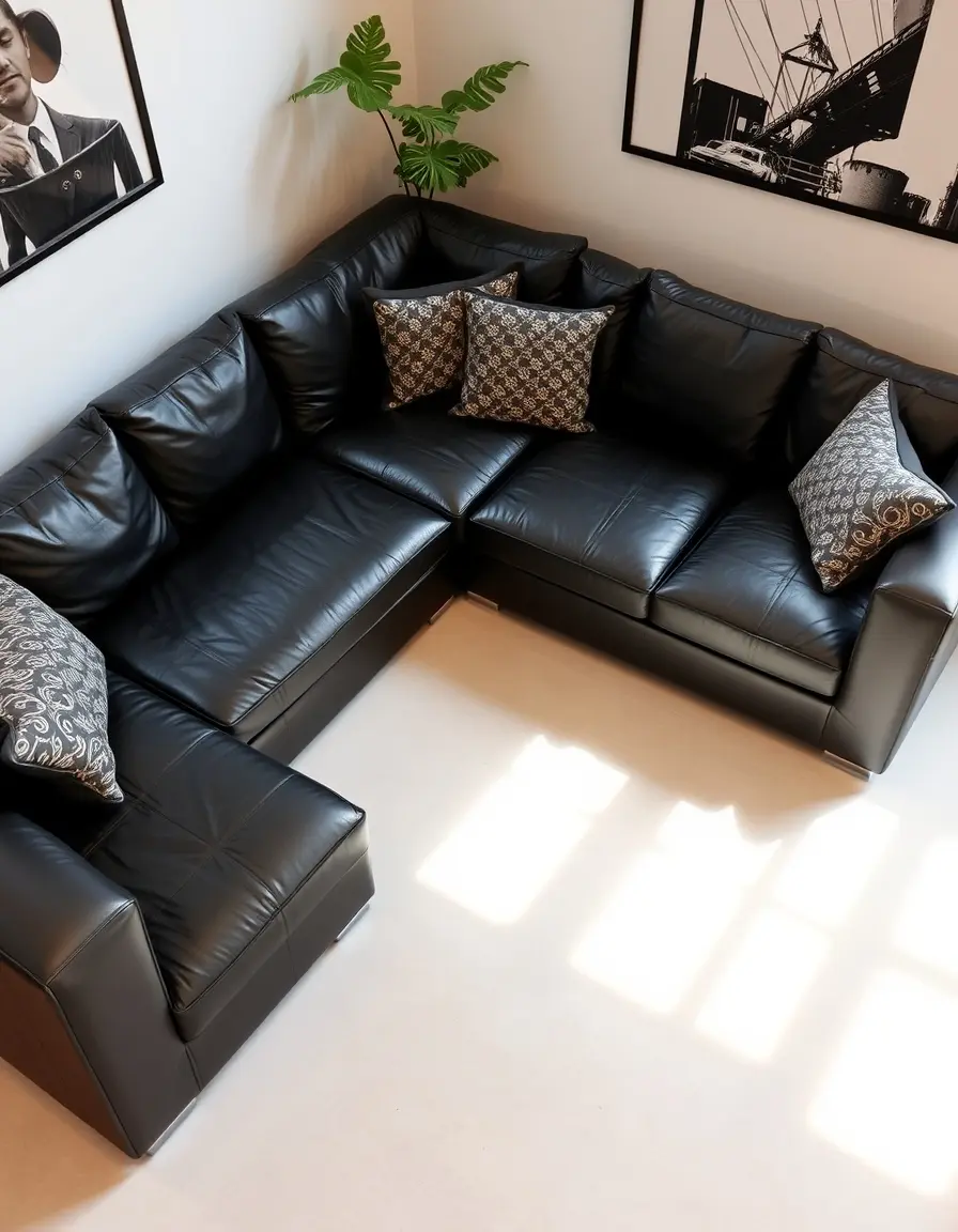 L-shaped black leather sectional with cushions, cozy angle