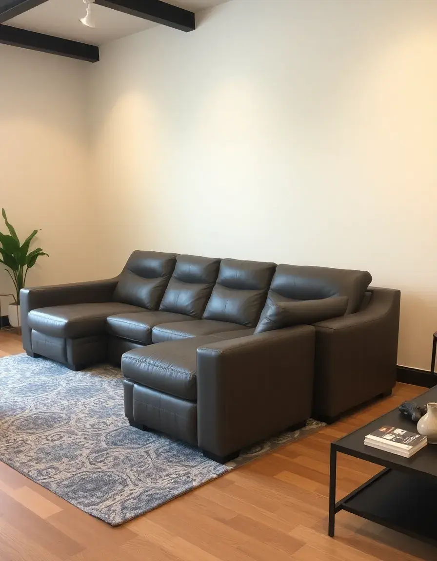 Reclining leather sectional in gray, extended position