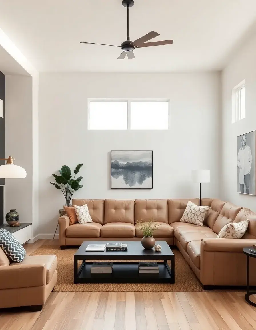 U-shaped leather sectional in beige, family room view