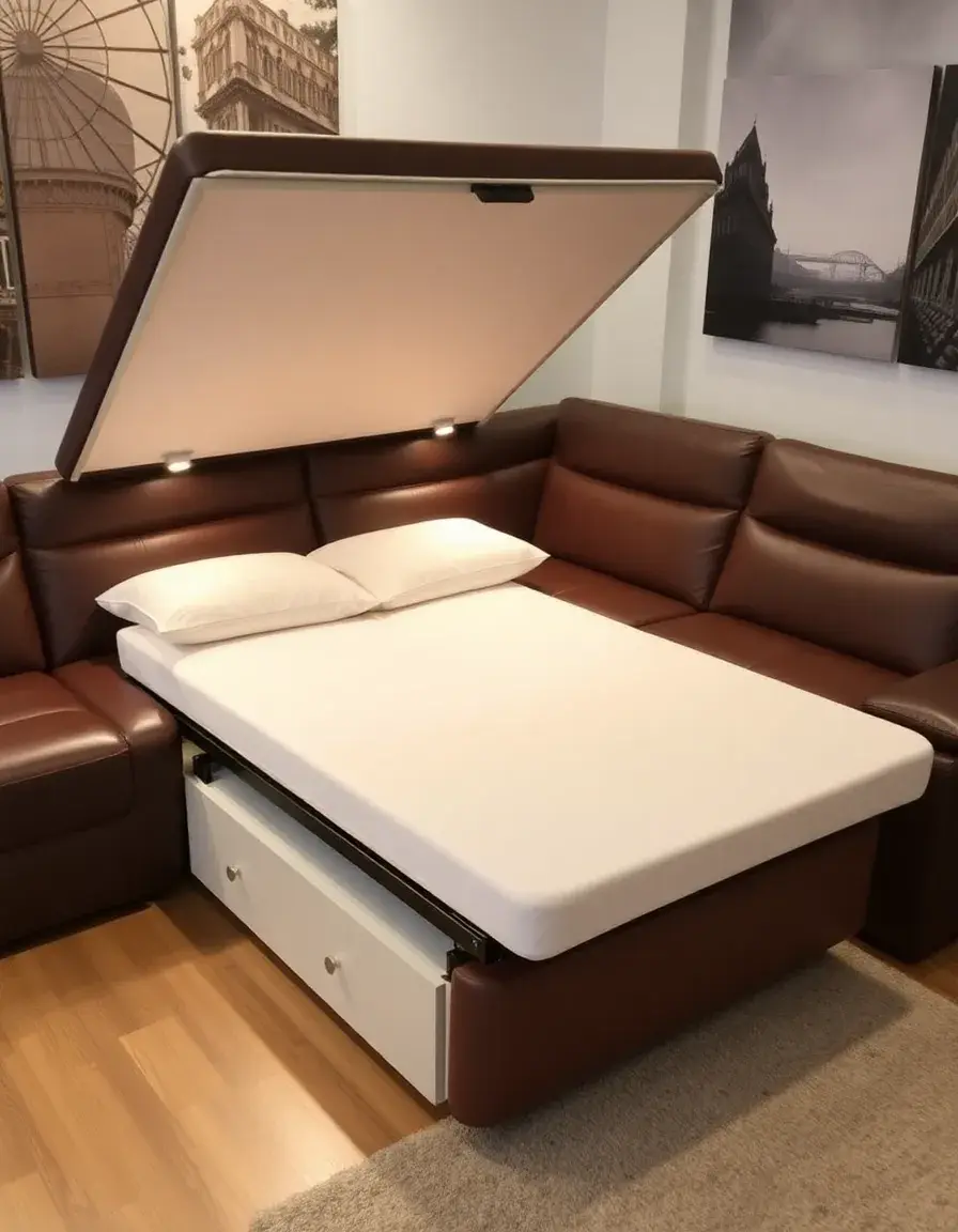 Leather sectional with pull-out bed, open view