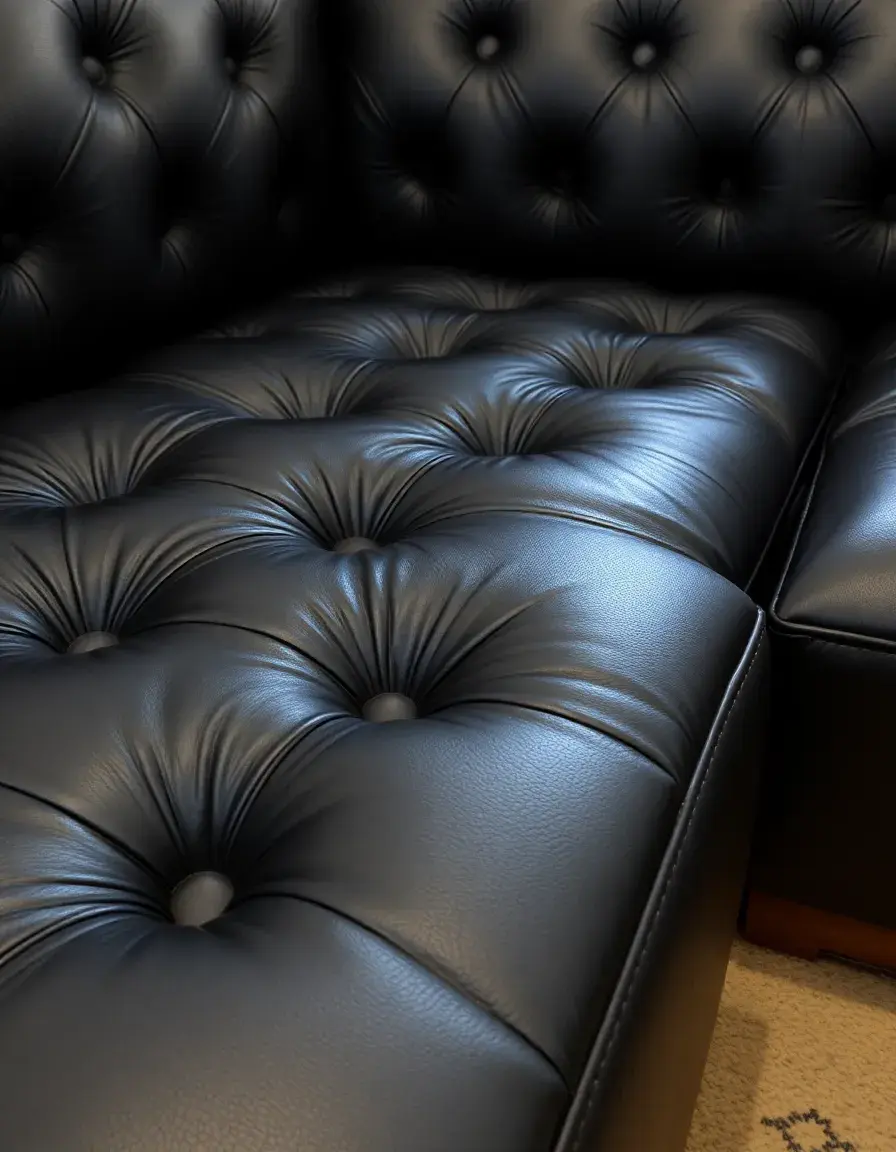 Tufted black leather sectional, detailed stitching
