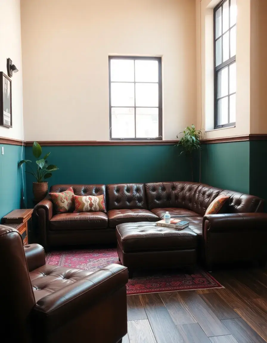 Vintage-style brown leather sectional, retro room
