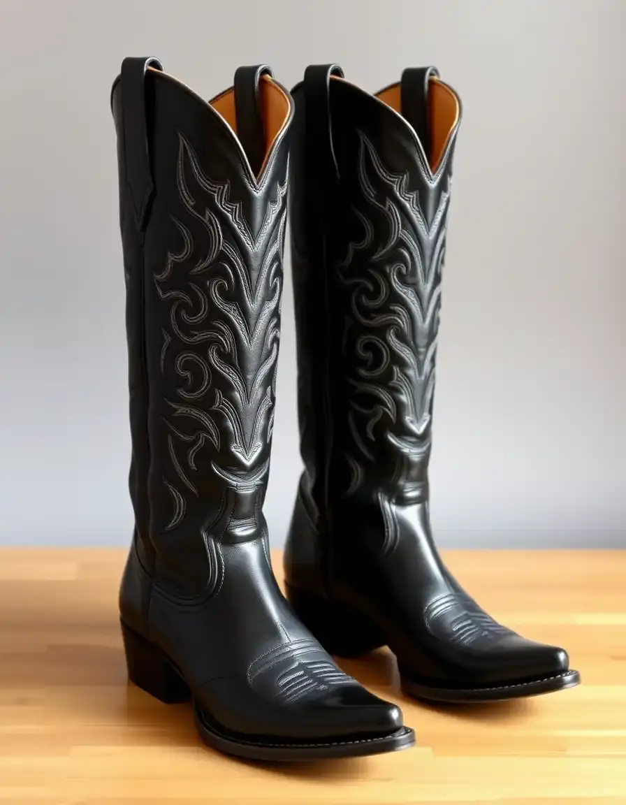 Pointed black leather cowboy boots