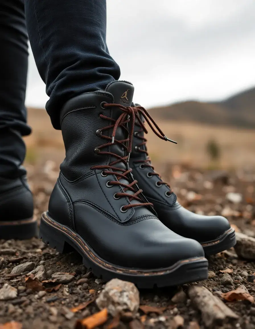Rugged black leather hiking boots with thick sole