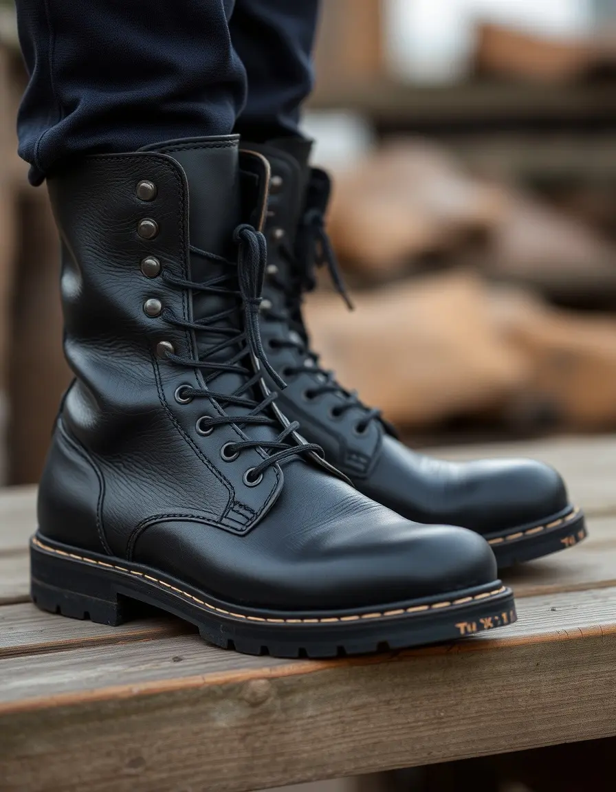 Heavy duty black leather work boots with steel toe