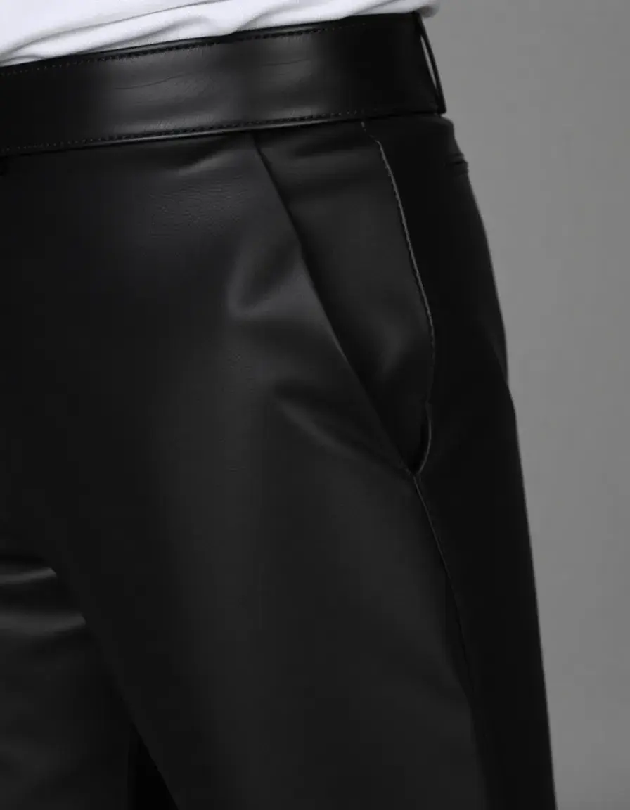 Men's slim fit black leather trousers