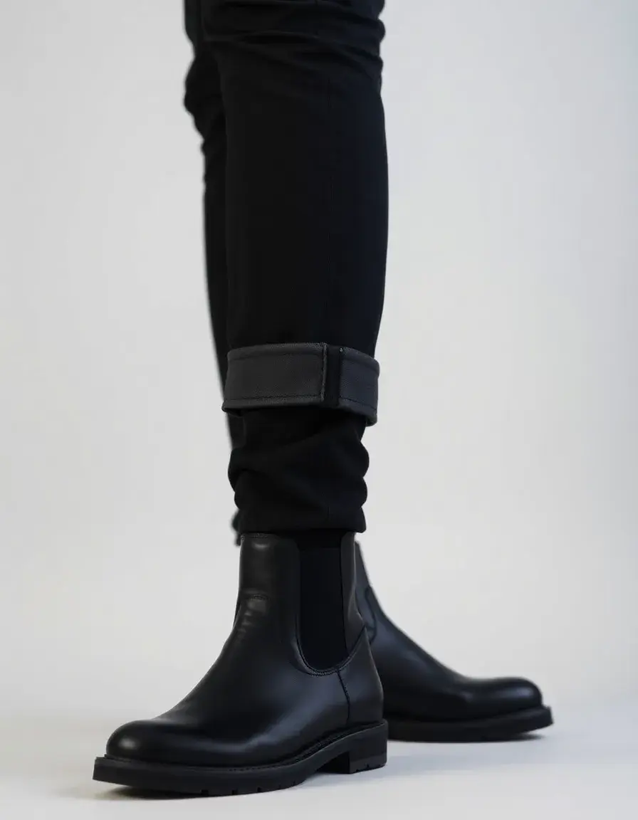 Detailed texture of black full-grain leather boots showing natural pores