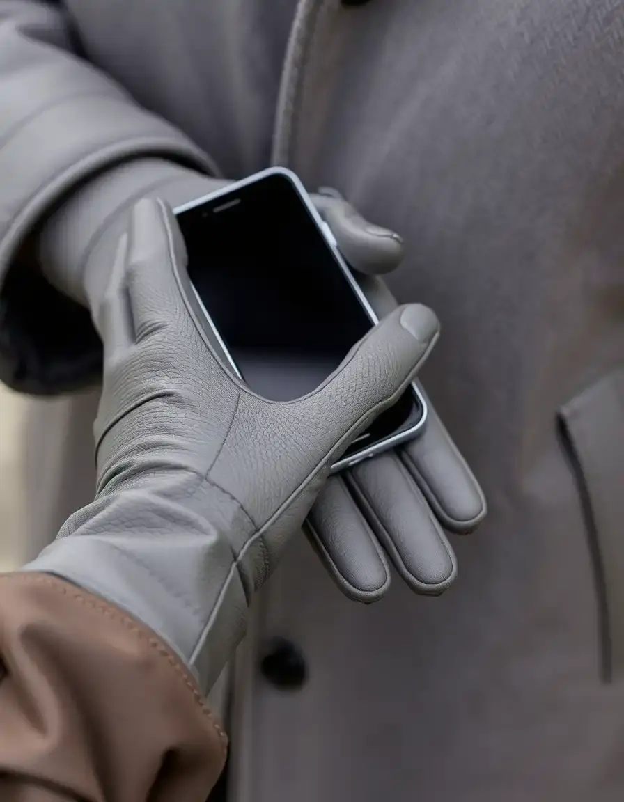 Gray leather gloves with touchscreen compatible fingertips