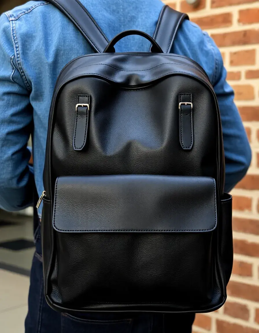 Professional man using a black leather backpack for his laptop