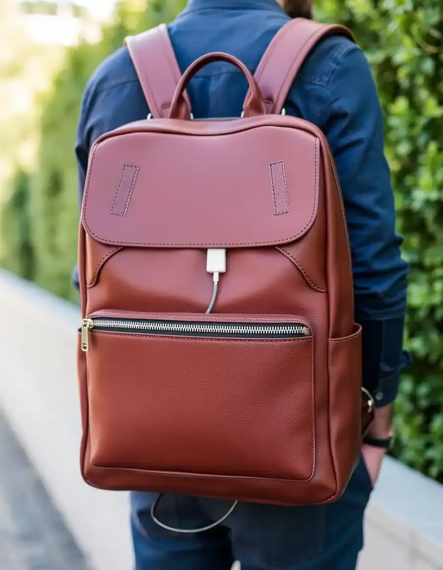 Leather backpack with USB charging port