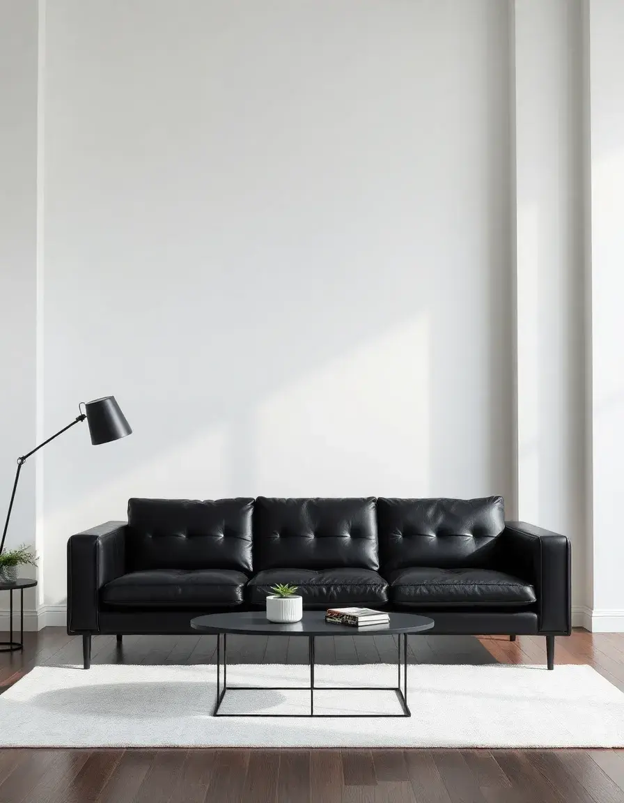 Minimalist black modern leather sofa in a bright room