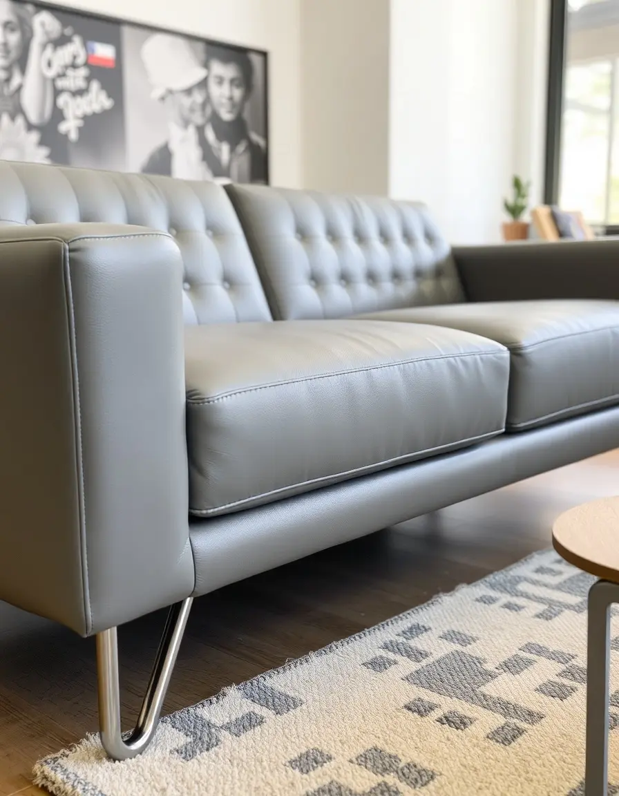 Gray modern leather sofa with sleek metal legs