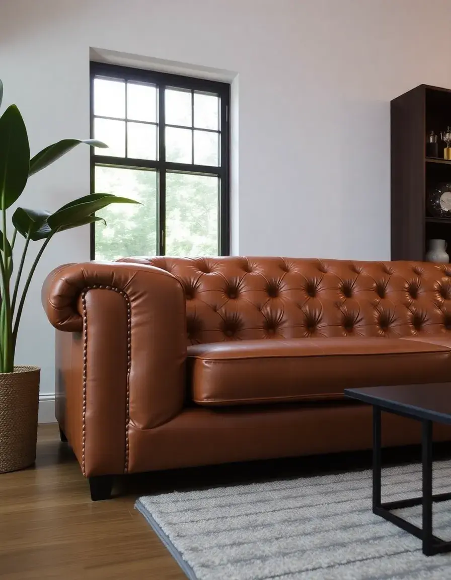 Tan tufted modern leather sofa