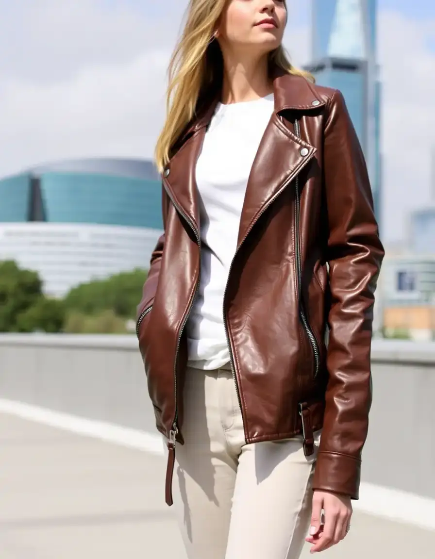 Brown PU leather jacket women being worn in a stylish urban setting