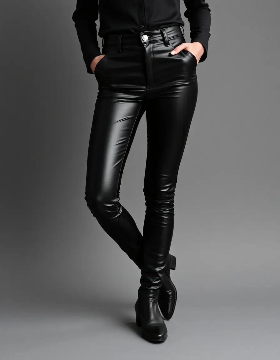 Slim fit black leather pants on model