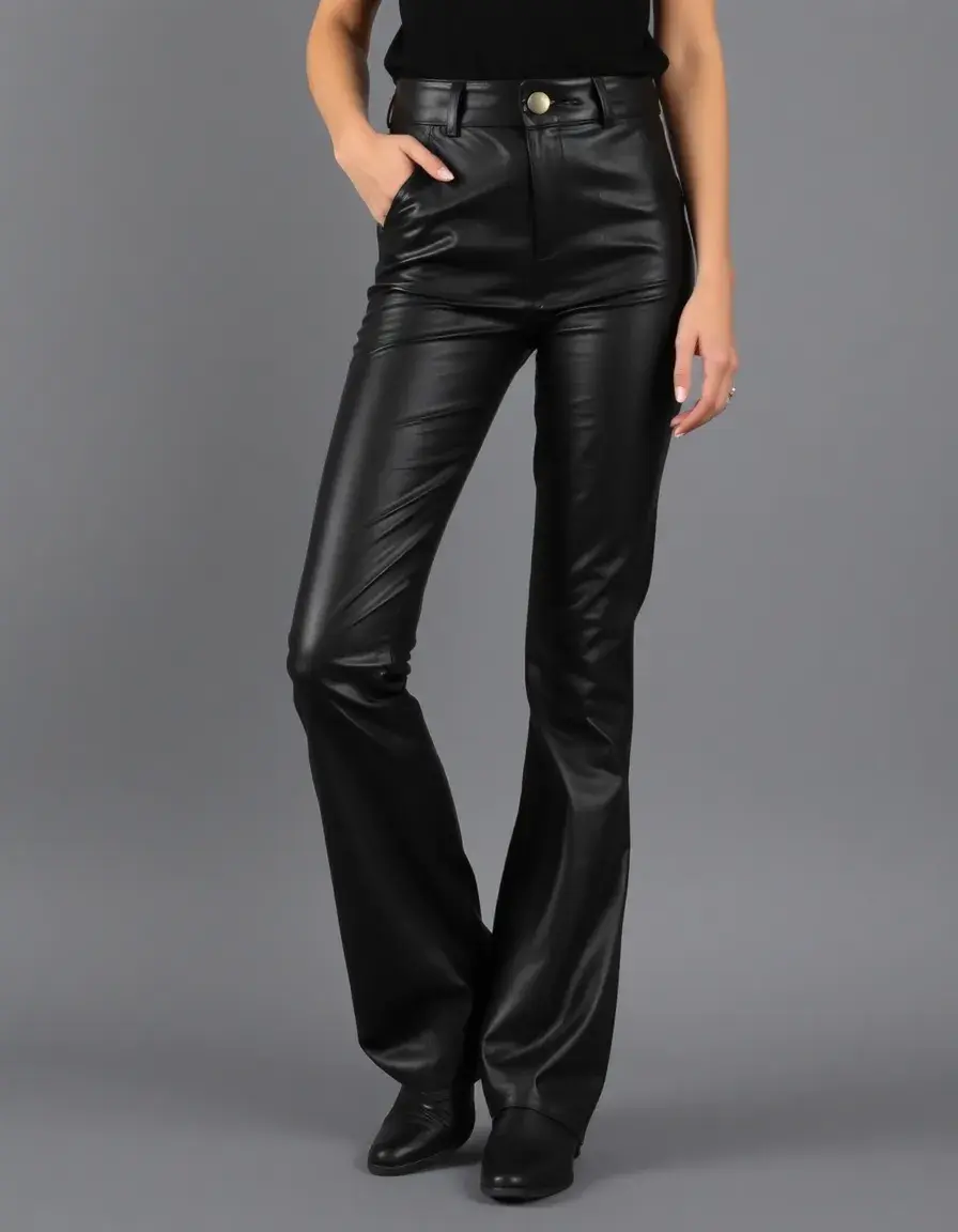 Flared black leather pants 70s style