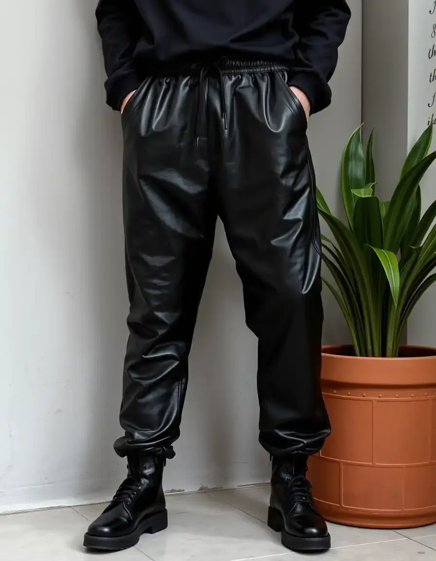Jogger style black leather pants