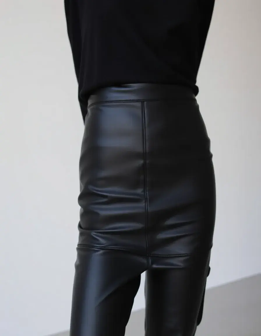 High-waist black leather pants