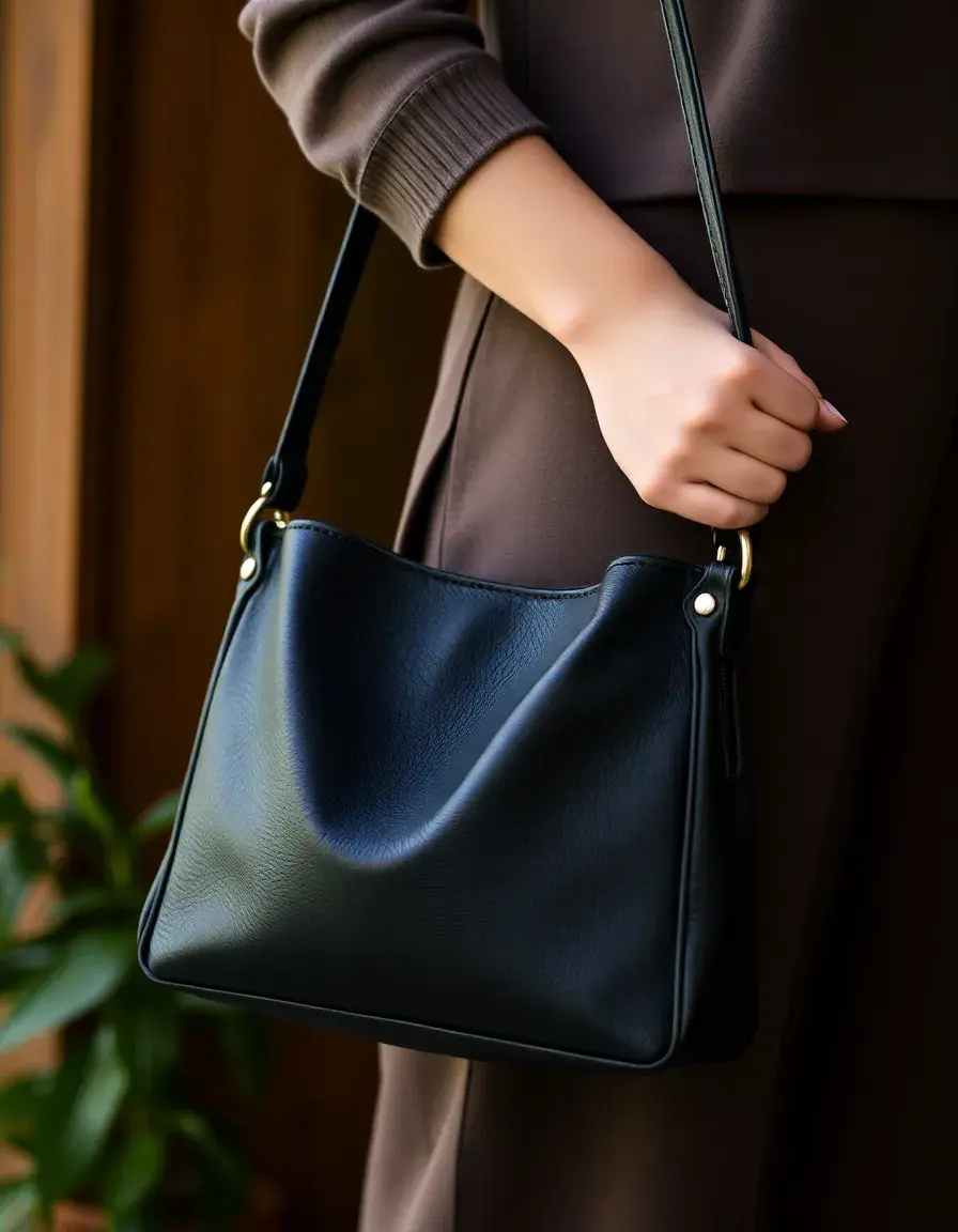 Black leather shoulder bag women