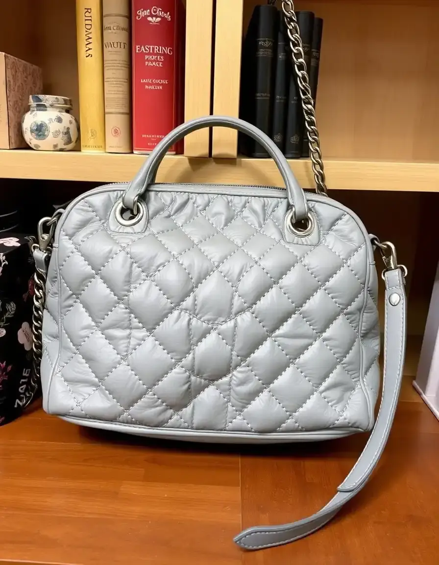 Quilted gray leather shoulder bag